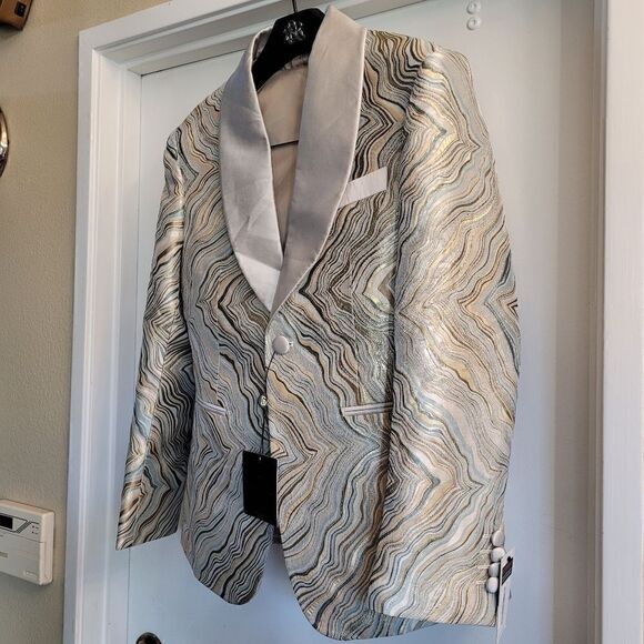 Gentlemens guru  abstract print gold and champagne tuxedo jacket and vest - Picture 6 of 16
